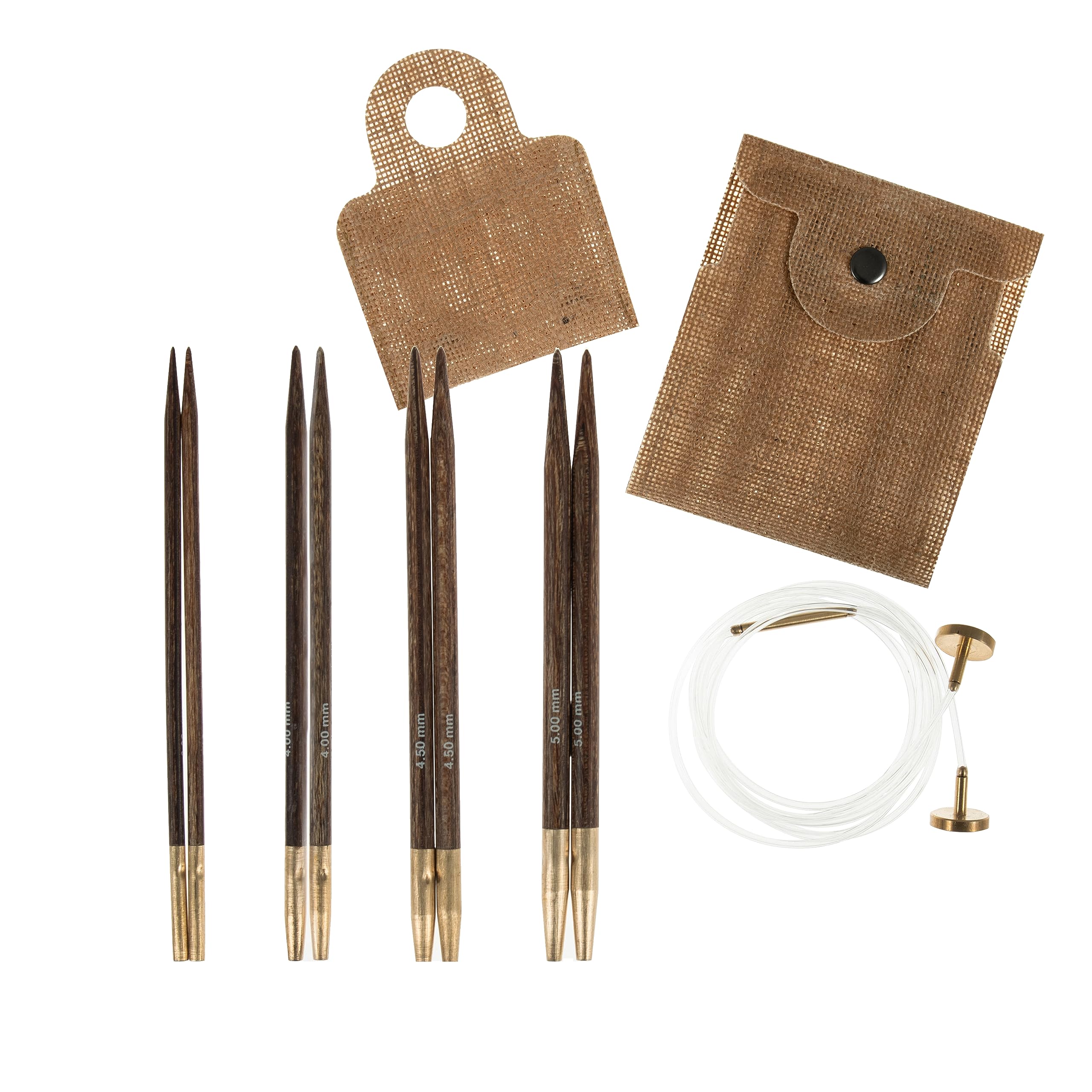 Milward Interchangeable Knitting Needle Set - Jute Pouch for Pins and Cables, Stoppers, Connector - 100% Jute Popper Case - 10.5cm x 3,4,4.5,5mm