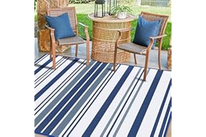 KALAFUN Outdoor Patio Rug Waterproof Camping - Outdoor Rugs Carpet, Plastic Straw Area Rug for Patios Clearance RV, Outside Porch Rug Balcony RV Rug Deck Rug for Camper, Navy and White 4x6 ft