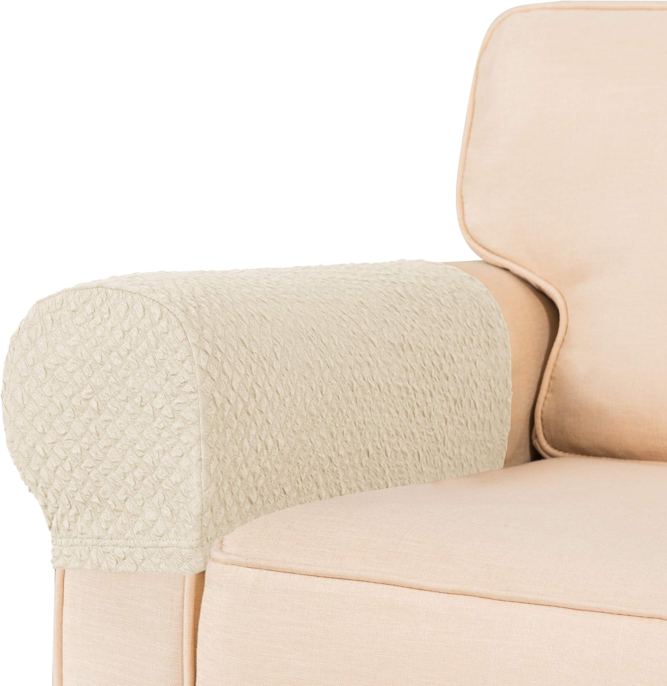 TOYABR Stretch Armrest Cover Seersucker Spandex Armrest Slipcovers Washable Couch Arm Furniture Protector(Beige)
