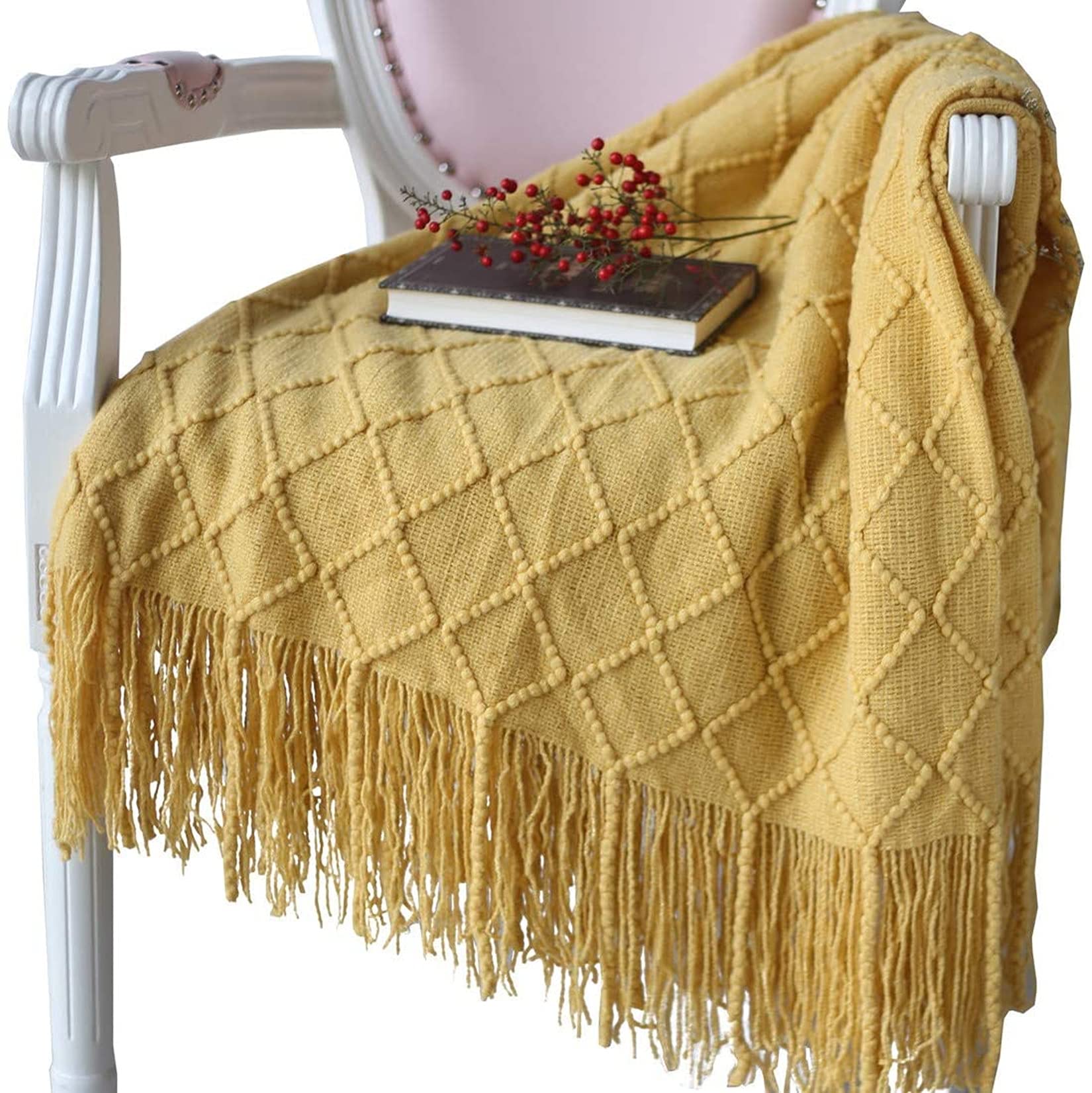 Hayisugar Sofa Blankets Tassel decor knitting Throw Blankets Soft Travel Fluffy for Bed Bedspread Throw Arm Chair Cover Blanket shawl reading blankets, Yellow
