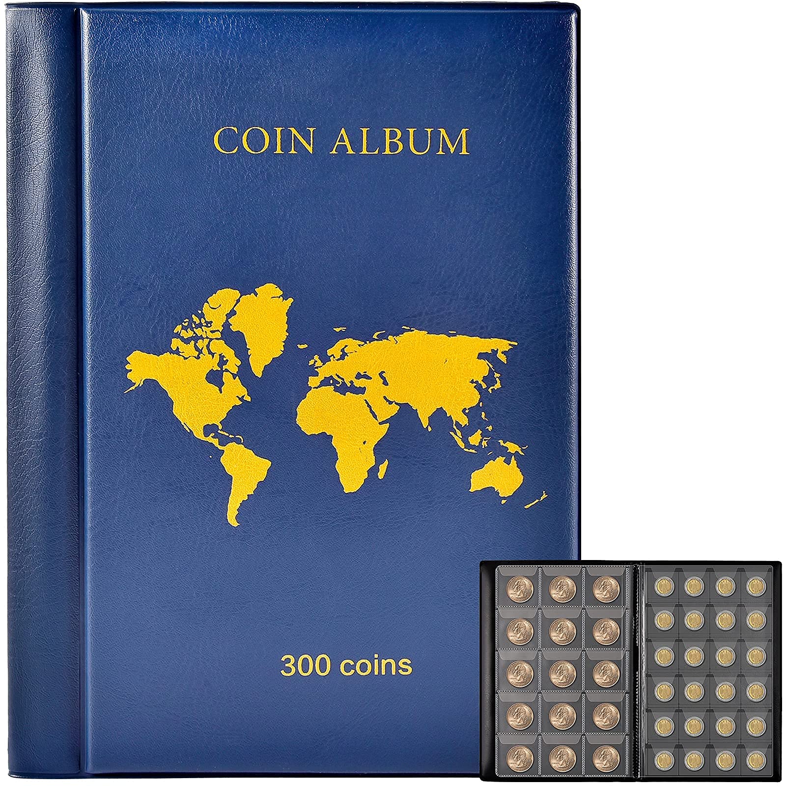 Coin Collection Book Holder Album for Collectors, 300 Pockets Coin Collection Supplies for Different Size Coins Display Sleeves for Money Currency, Pennies, Silver Eagle & Foreign Coins (Blue)