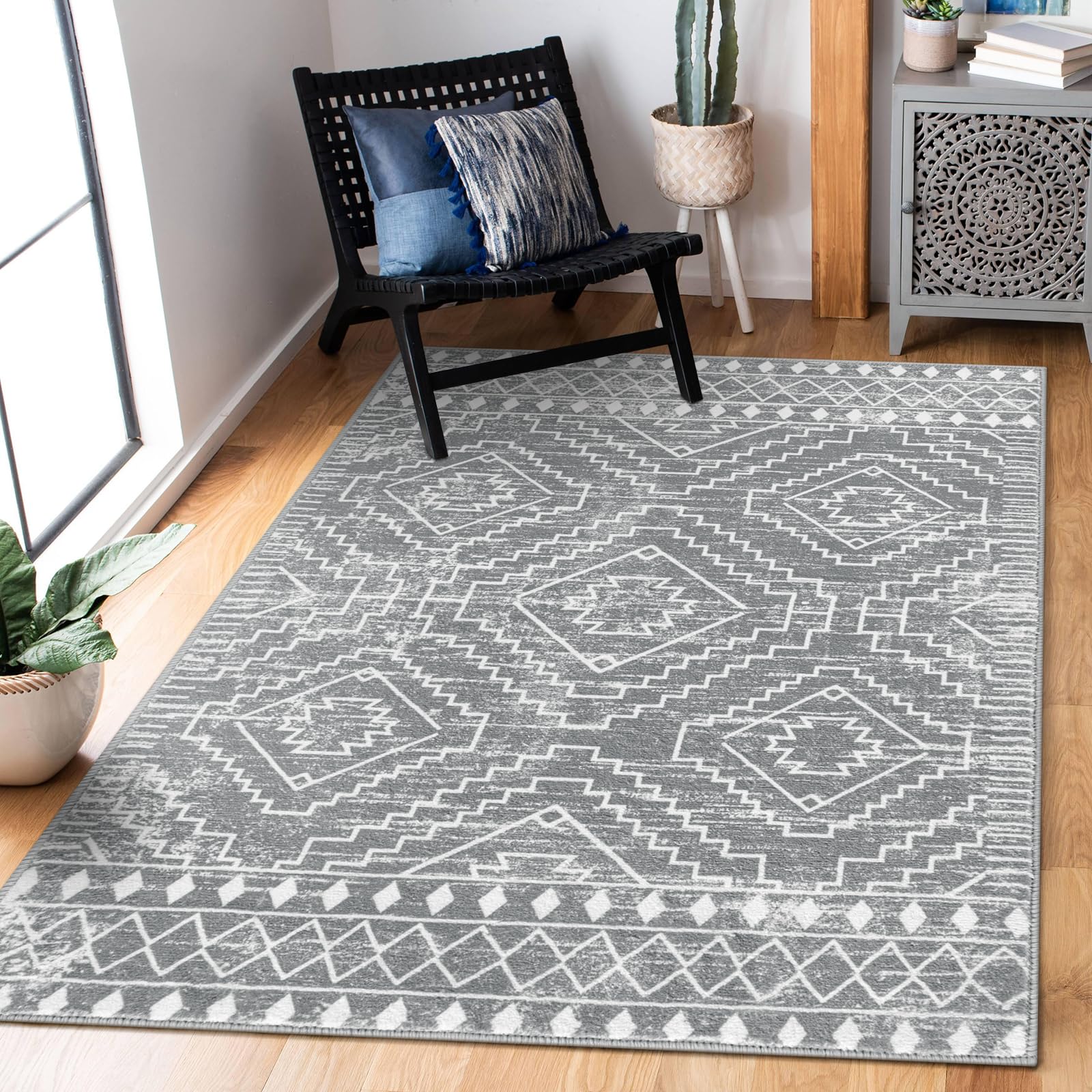 Photo 1 of Wonnitar Moroccan Washable Rugs 4x6, Non-Slip Gray Living Room Area Rug, Boho Soft Large Rugs for Bedroom, Geometric Non-Shedding Thin Floor Carpet for Entry Kitchen Mud Room (Silver Grey,4'x6')