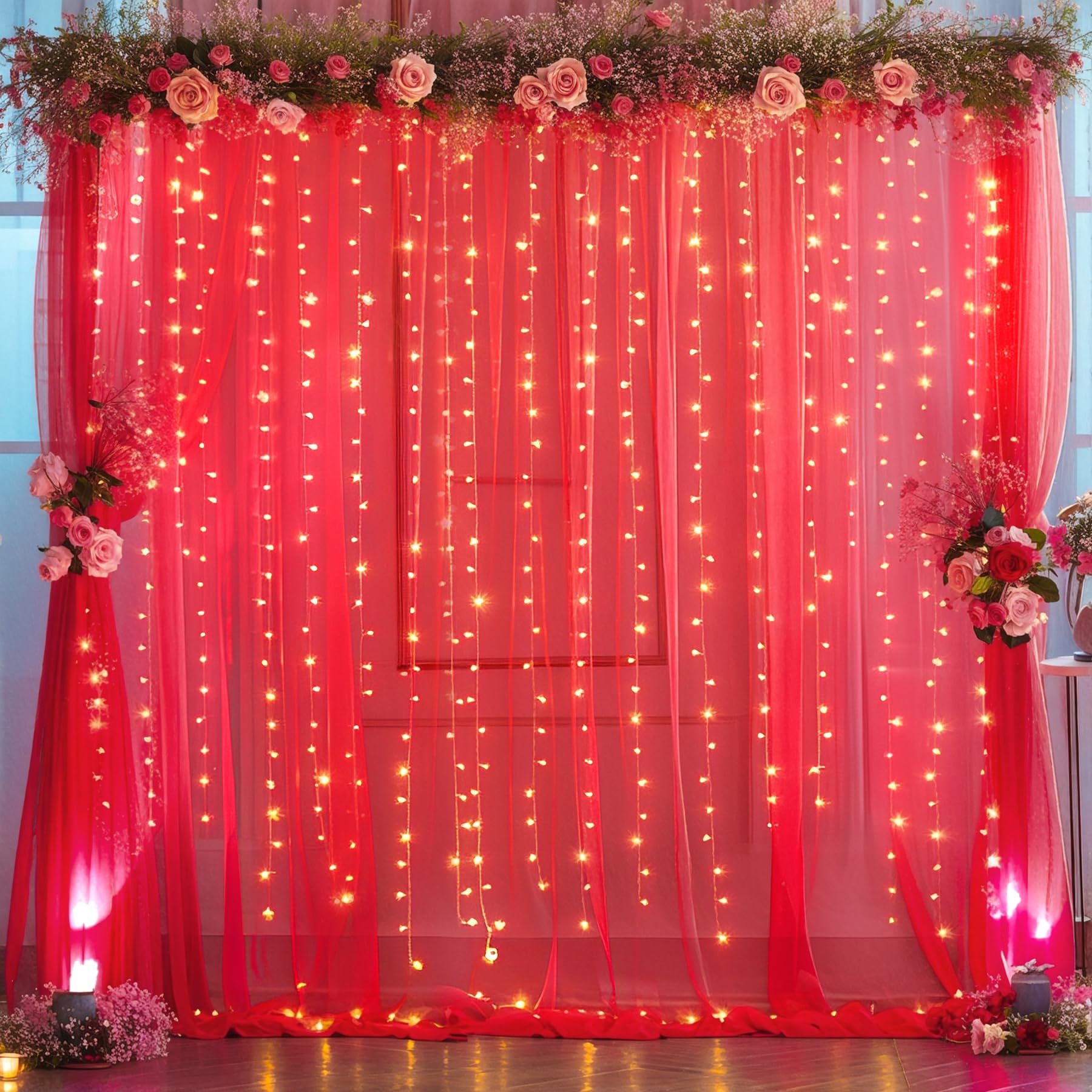Photo 1 of 10x10ft Red Tulle Backdrop Curtain with Lights String for Parites, Sheer Photo Backdrop Curtains with Lights for Valentines Wedding Backdrop Ceremony Reception Bridal Baby Shower Birthday Party