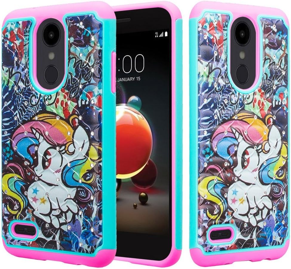 LG Rebel 3 LTE (L157BL) Case, LG Aristo 2 Case (X210), LG Tribute Dynasty (SP200), LG K8 2018 Case [Dual Layer] Diamond Hybrid Shock Proof Protective Rugged Case Cover - (Rainbow Unicorn)