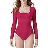 Laughido Women's Square Neck Long Sleeve Ribbed Knit Fitted Bodysuit Casual Basic T Shirt Tops 2025 Trendy