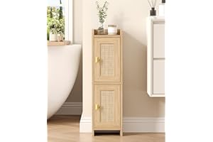 Akxomel Rattan Small Bathroom Cabinet with 2 Doors, Narrow Toilet Paper Storage Cabinet, Bathroom Organizer for Small Spaces, Wooden Slim Corner Floor Unit with Adjustable Shelves, Natural Oak