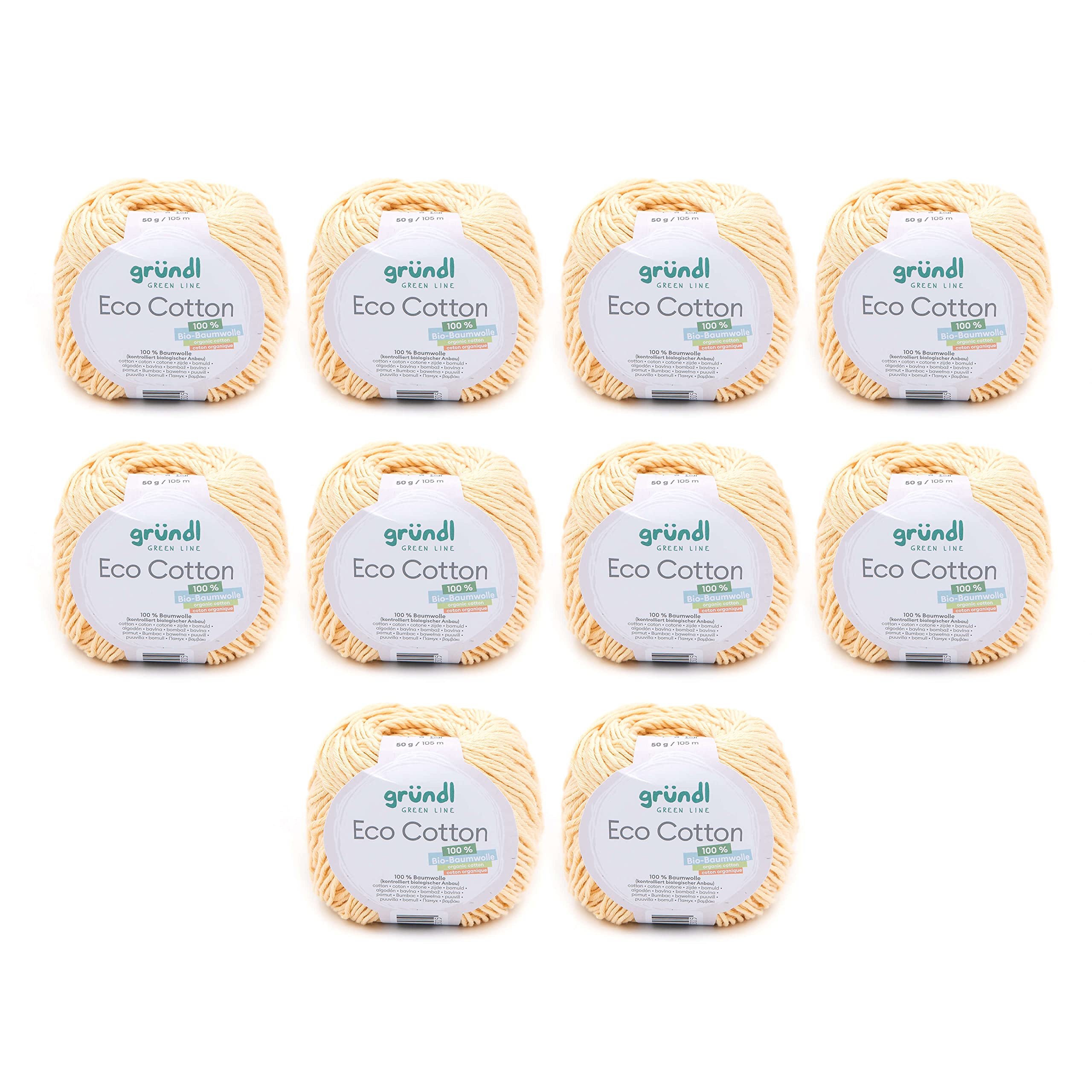 Gründl Eco Cotton Wool - Wool for Crochet - Wool for Knitting - Crochet Yarn - Soft and Skin Friendly - 100% Organic Cotton - 10 Balls 50 g / 105 m - Needle Size 3.5-4.5 - Pastel Yellow