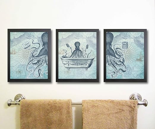 Amazon Com Silly Goose Gifts Octopus Funny Vintage Bath Image Nautical Wall Art Prints Set Of 3 Bathroom Blue Posters Prints