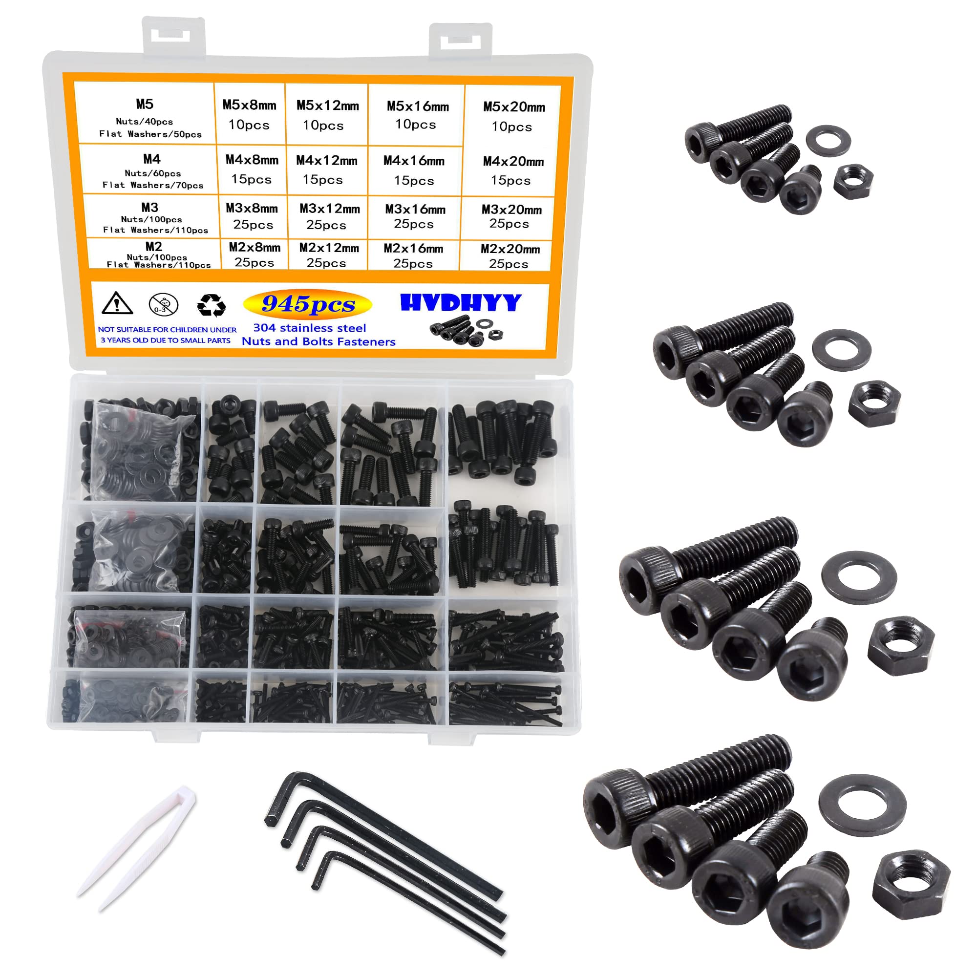HVDHYY 945pcs Nut and Bolt set M2 M3 M4 M5 Black Machine Screws & Nuts & Washers Assortment kit Hex Socket Button with a Reusable Storage Box (4 Hex Wrenches)