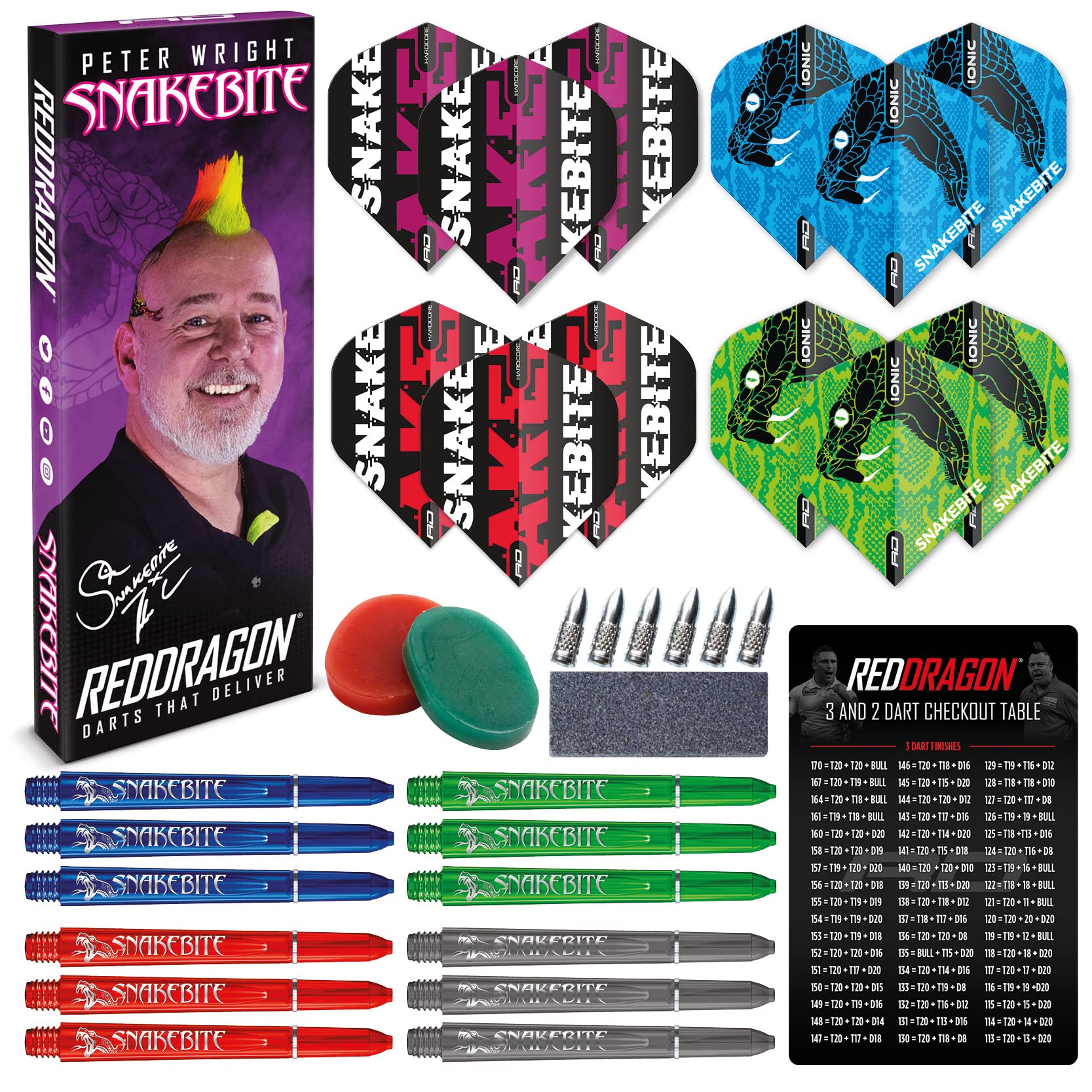 RED DRAGON Darts - Peter Wright Snakebite - Dart Accessory Pack - Includes Dart Flights, Shafts (Stems), Finger Grip Wax, Flight Savers & more - Professional Darts Set Accessories