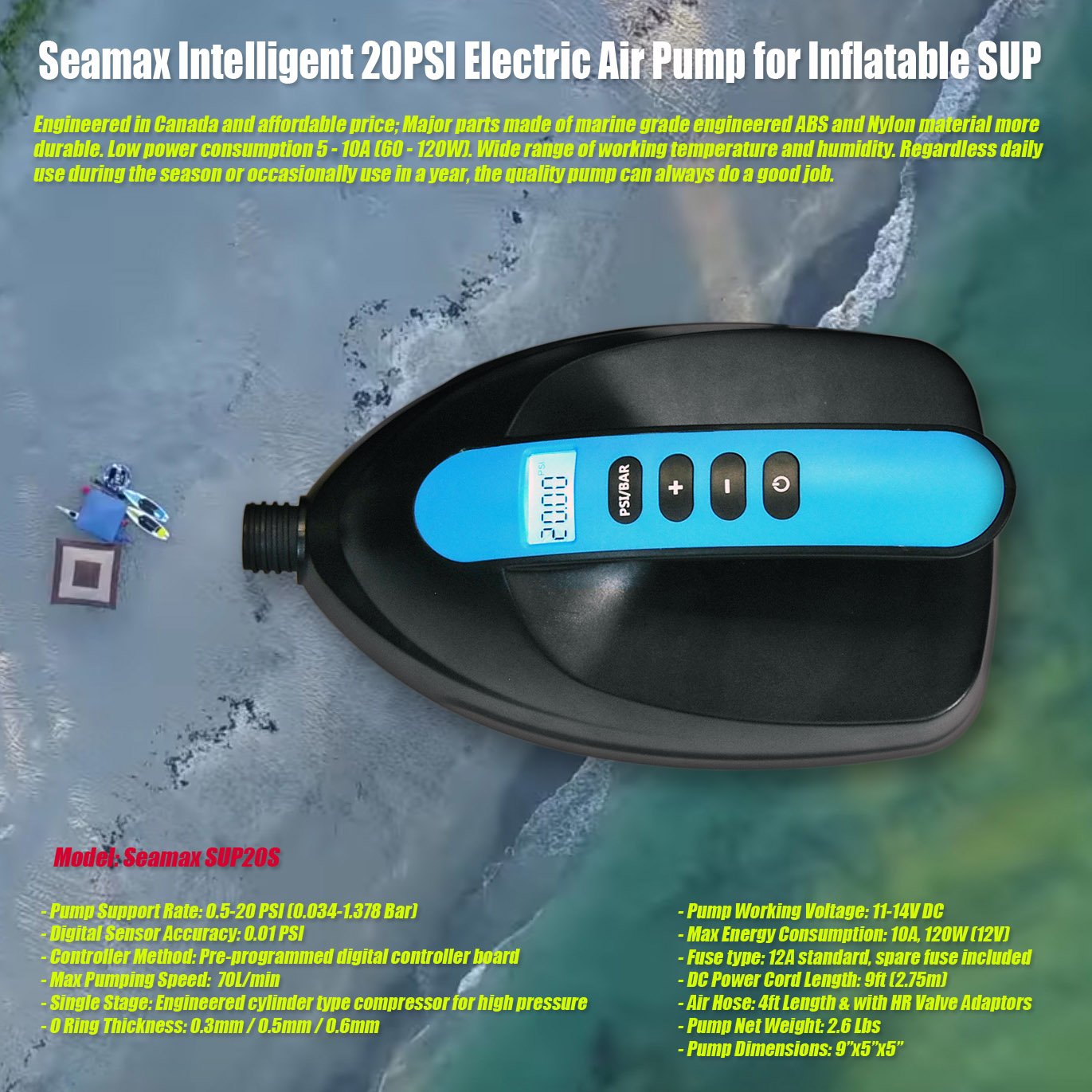 Seamax SUP Electric Air Pump for Inflatable Paddle Board, Max 20 PSI, Additional Fittings