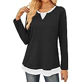 GRACE KARIN Long Sleeve Shirts for Women,2025 Fall Casual Crew Neck Tops,Color Block Waffle Knit Dressy Business Outfit Black L