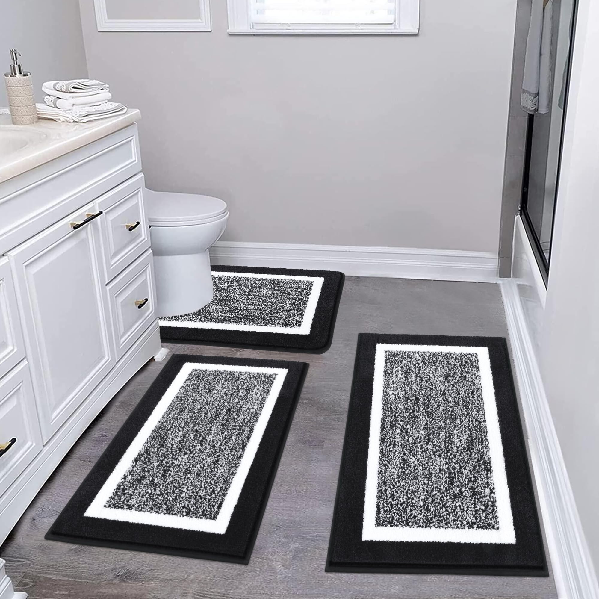 Photo 1 of ** PARTIAL SET ** Pauwer Bathroom Rug Sets 3-Piece Shower Rugs with U-Shaped Contour Toilet Mat Absorbent Microfiber Plush Bath Mats Non Slip Machine Washable Shaggy Bathroom Floor Mats, Black