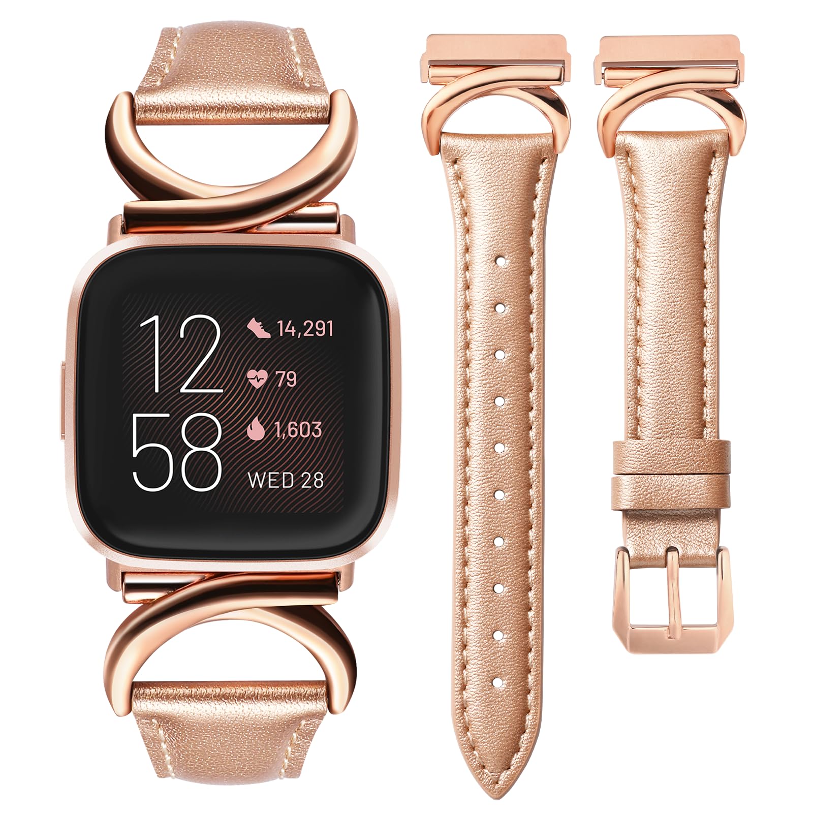 Photo 1 of Minyee Leather Band Compatible with Fitbit Versa 2/Fitbit Versa/Versa Lite Bands Women, Slim Thin Dressy Designer Premium Leather Strap with C-Shape Metal Buckle for Versa 2 Watch, Rose Gold/Rose Gold