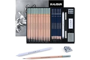 KALOUR 25-Piece Professional Sketch Pencil Set with Matte and Regular Pencils - Includes Vinyl Eraser, Kneaded Eraser, Sharpener, Pencil Extender and Blending Stump - Ideal for Artists and Beginners