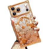 Illians Magnetic Case Made for iPhone 17 Pro Max 6.9 Inch (Compatible with MagSafe) Glitter Phone Case with Orange Floral Flowers Soft TPU Reinforced Corners Shockproof Bling Phone Cover for Women