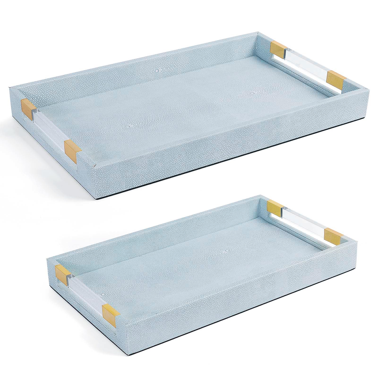 Photo 1 of 2 Pack Large Ottoman Tray Shagreen Decorative Tray Serving Tray with Acrylic Gold Handles, Ice Blue Vegan Leather Coffee Table Tray for All Occations Home Decor