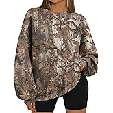 TERIVEEK Camo Sweatshirt for Women Mens Oversized Fleece Maple Leaf Print Hoodies Camouflage Crewneck Long Sleeve Pullovers