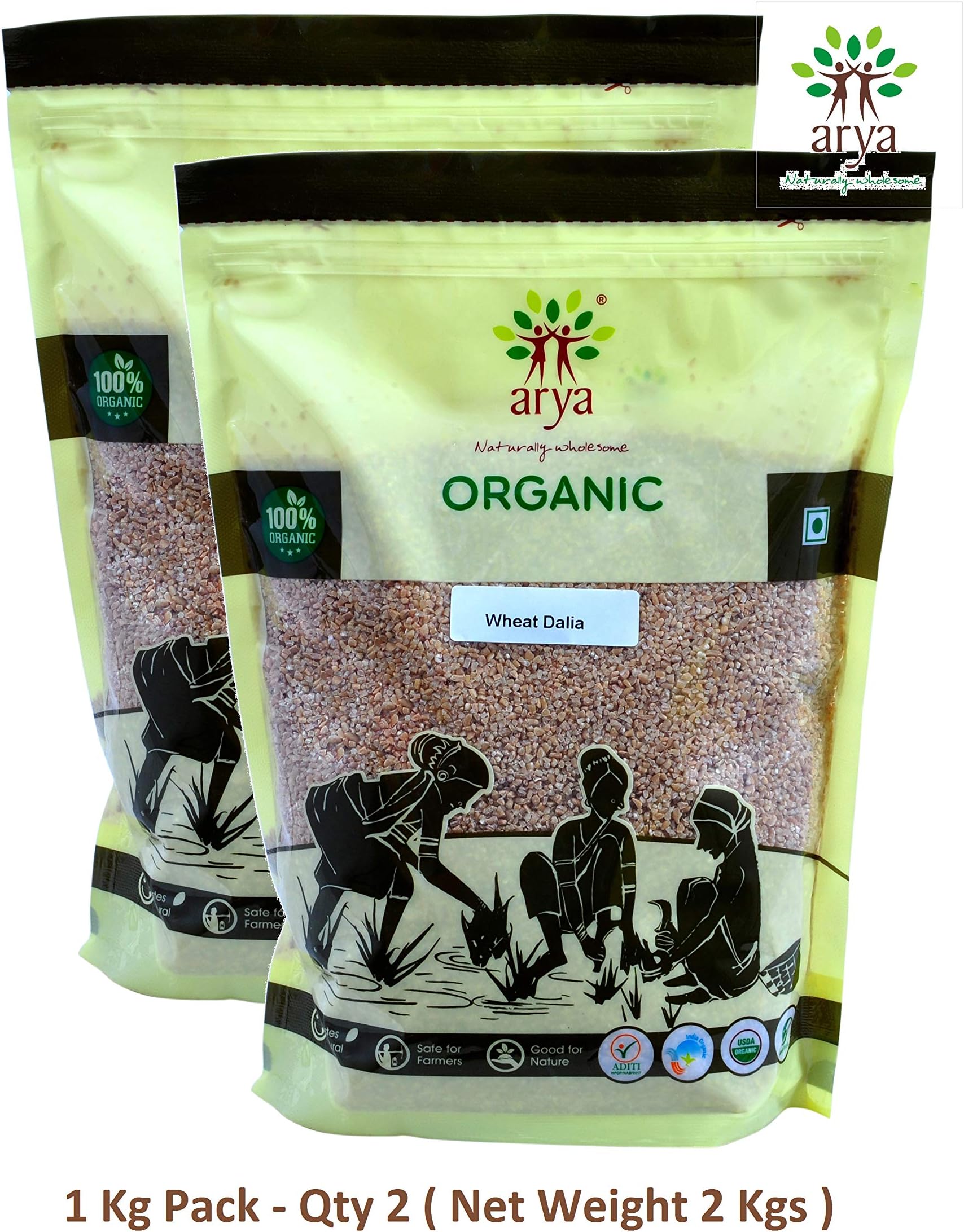 Arya Farm Daliya (Broken Wheat) No Chemicals 1 KG Pack - 2 Qty (Net Weight 2 KG)