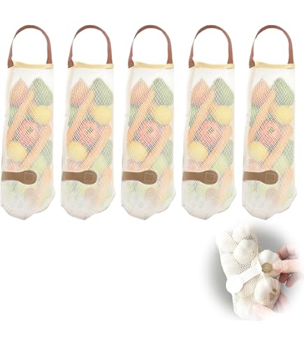 Mesh Storage Bags For Onions & Garlic - 5 Pack Hanging Kitchen Produce Bags
