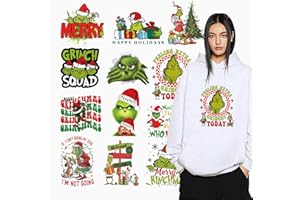 JTREBM 12 Sheets Christmas Iron on Transfers for T-Shirts Winter Xmas Heat Transfer Vinyl Designs Funny Green Monster Cute Iron on Patches for Hat Women&Men T-Shirt Pillow Canvas Bag DIY Decor