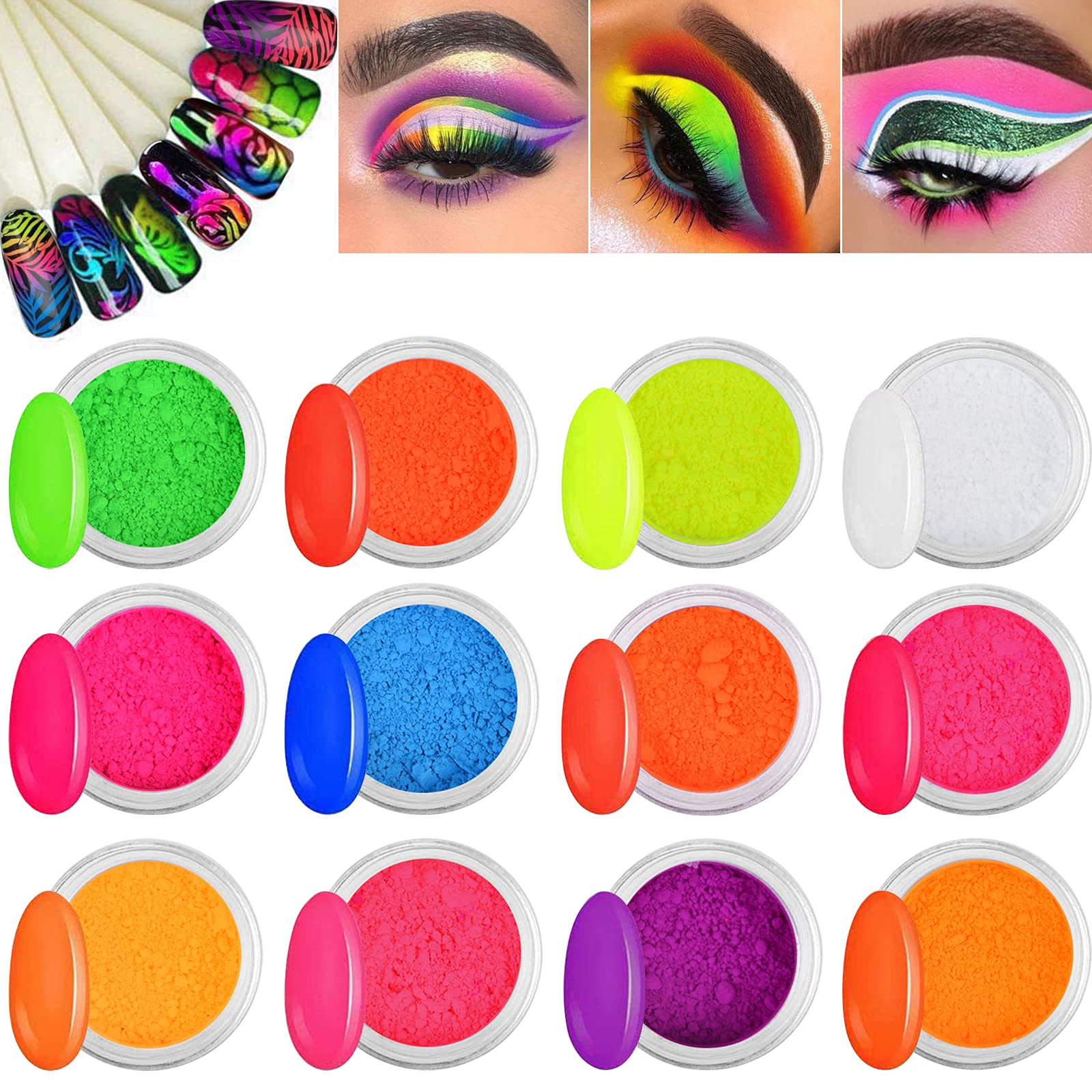 Photo 1 of Kalolary 12 Colors Pigment Nail Powder Fluorescent Powder, Color Nail Pigments Dust Nail Glitter, Neon Pigment Eyeshadow Powder for Face Body Makeup Nail Art Decoration
