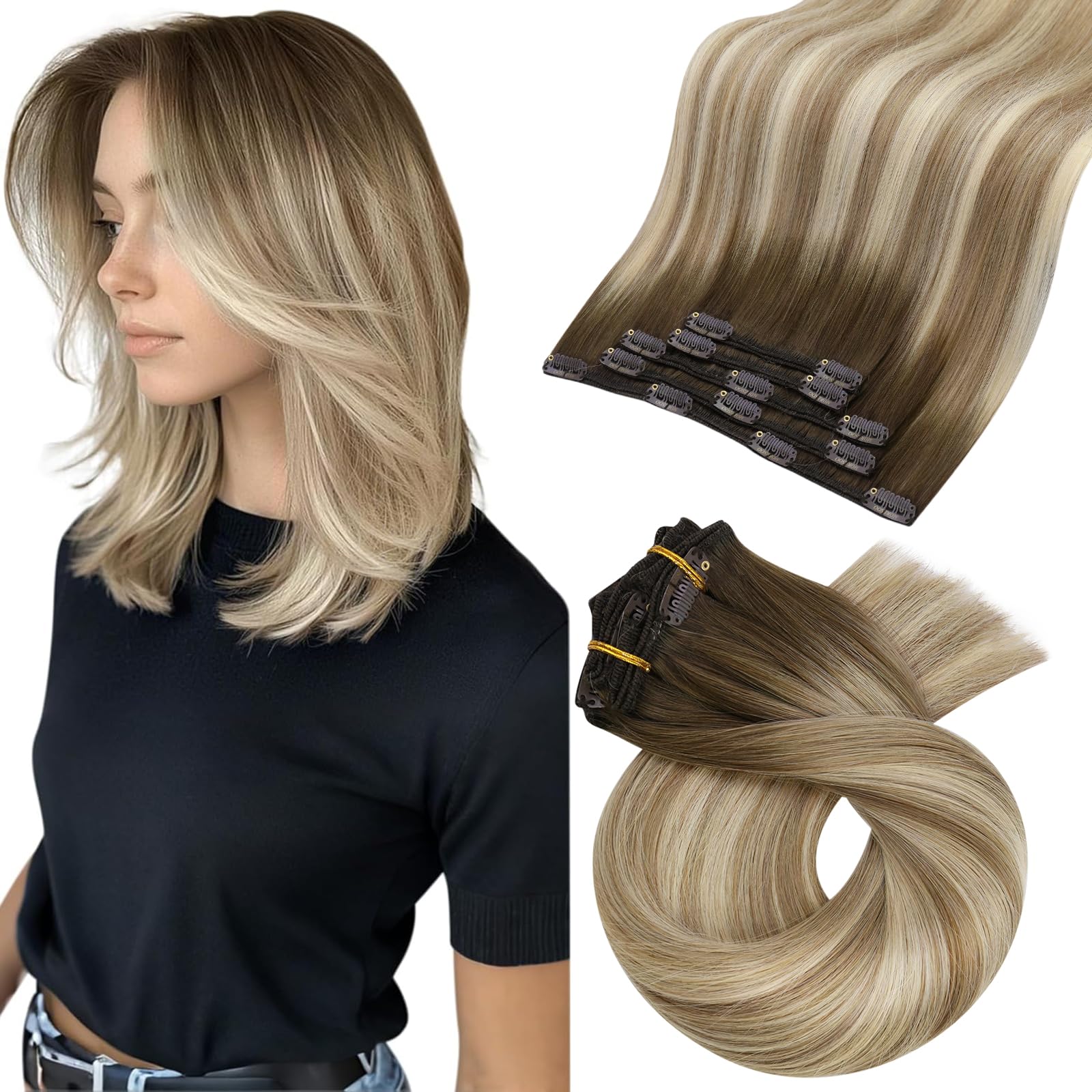 Moresoo Clip in Hair Extensions Real Human Hair Shoulder-length 14 Inch Short Double Wefted Clip in Hair Extensions Remy Straight Ombre Brown to Light Brown with Medium Blonde #3/8/22 5pcs 80G