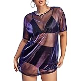 WDIRARA Women's Plus Size Y2K Drop Shoulder See Through Round Neck Short Sleeve Loose Mesh Dress