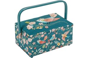 Hobby Gift Medium Sewing Box - Craft & Hobby Storage, Accessories Tray Pin Cushion Pocket PVC Handle Embroidered Lid, 9.6 x 7 x 5.7" - Bird Aviary