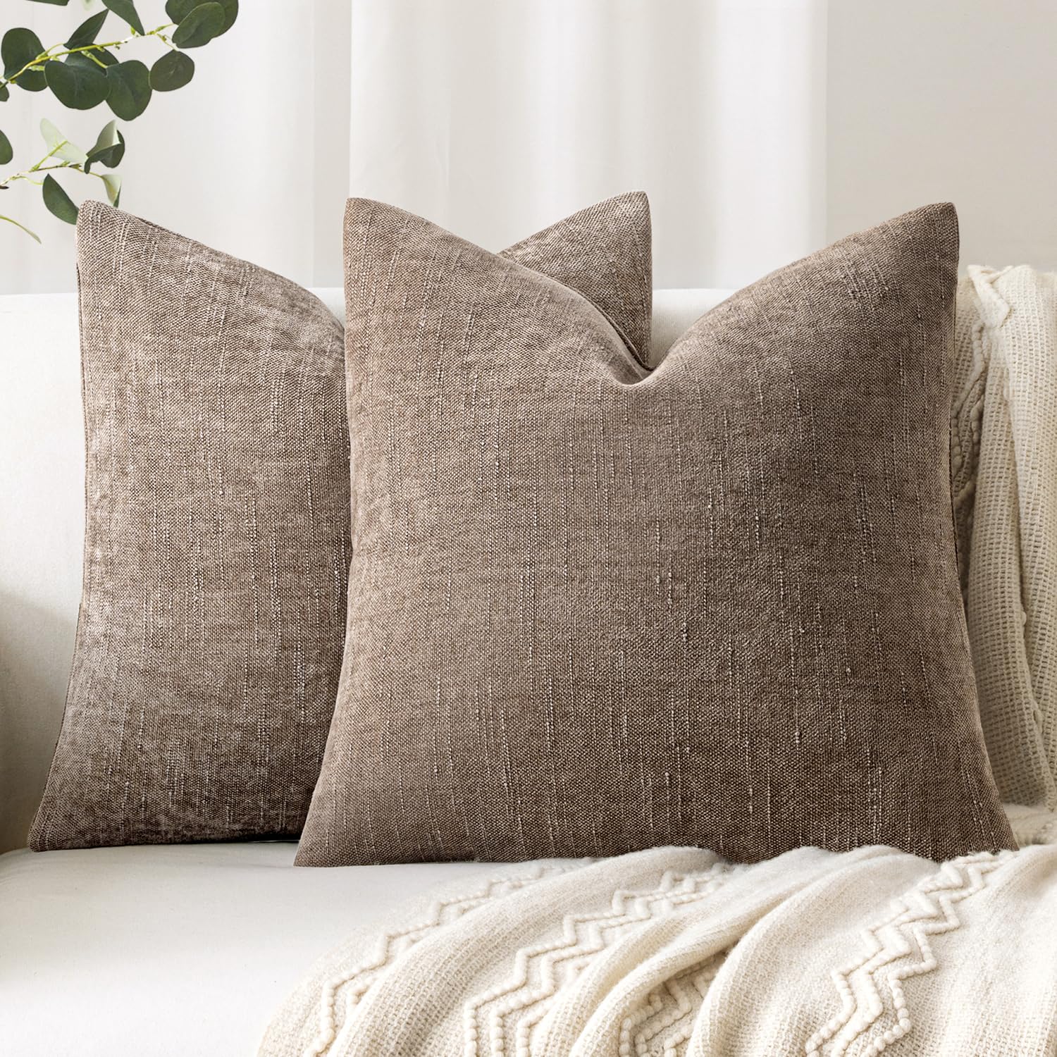 Photo 1 of Woaboy Set of 2 Textured Throw Pillow Covers Decorative Soft Accent Square Chenille Pillowcases Neutral Farmhouse Cushions Modern Home Decor for Couch Sofa Bedroom Living Room 18x18 Inch, Taupe Gray