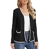 QUEZHU Women's Winter V-Neck Button Down Cardigan Knit Soft Sweater with Pockets