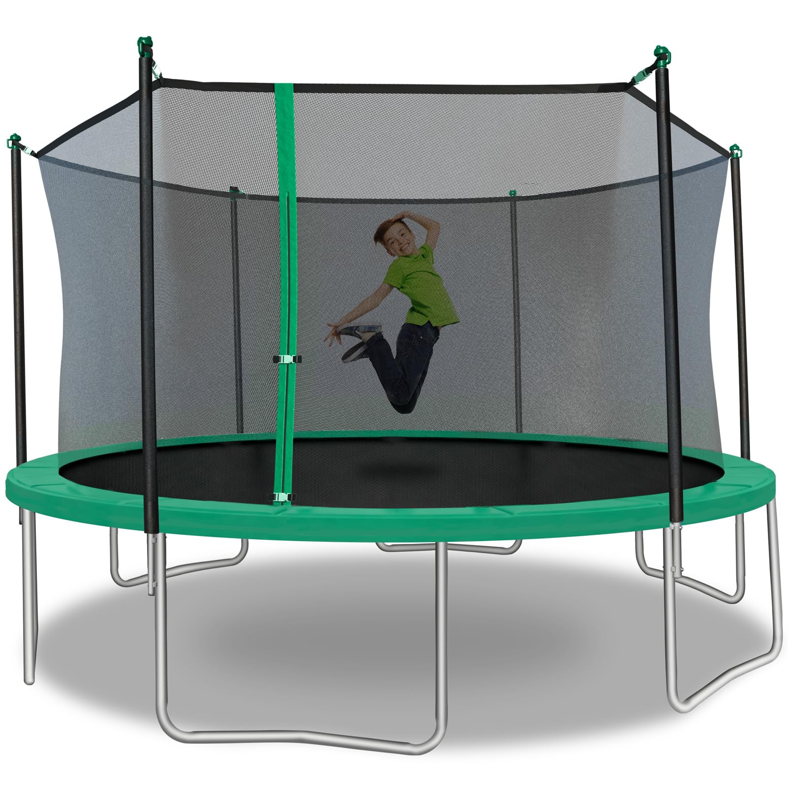 TruJump Round Trampoline with Heavy Duty Galvanized Rust Resistent Steel Frame: 6-Pole Safety Enclosure Combo, Meets ASTM Safety Standard, 14 Ft – Green
