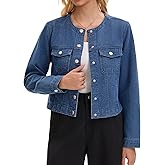 CIMUK Womens Denim Jacket Spring Button Down Long Sleeve Collarless Cropped Jean Jackets