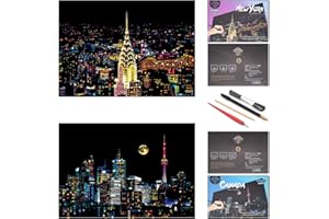 DESINIK Scratch Painting Art for Adults & Teens - 2 Sheets Rainbow Scratch Painting Kit, Scratch Painting Foil Art for Adults, Stress Relief Adult Craft Kits A3(New York & Canada)