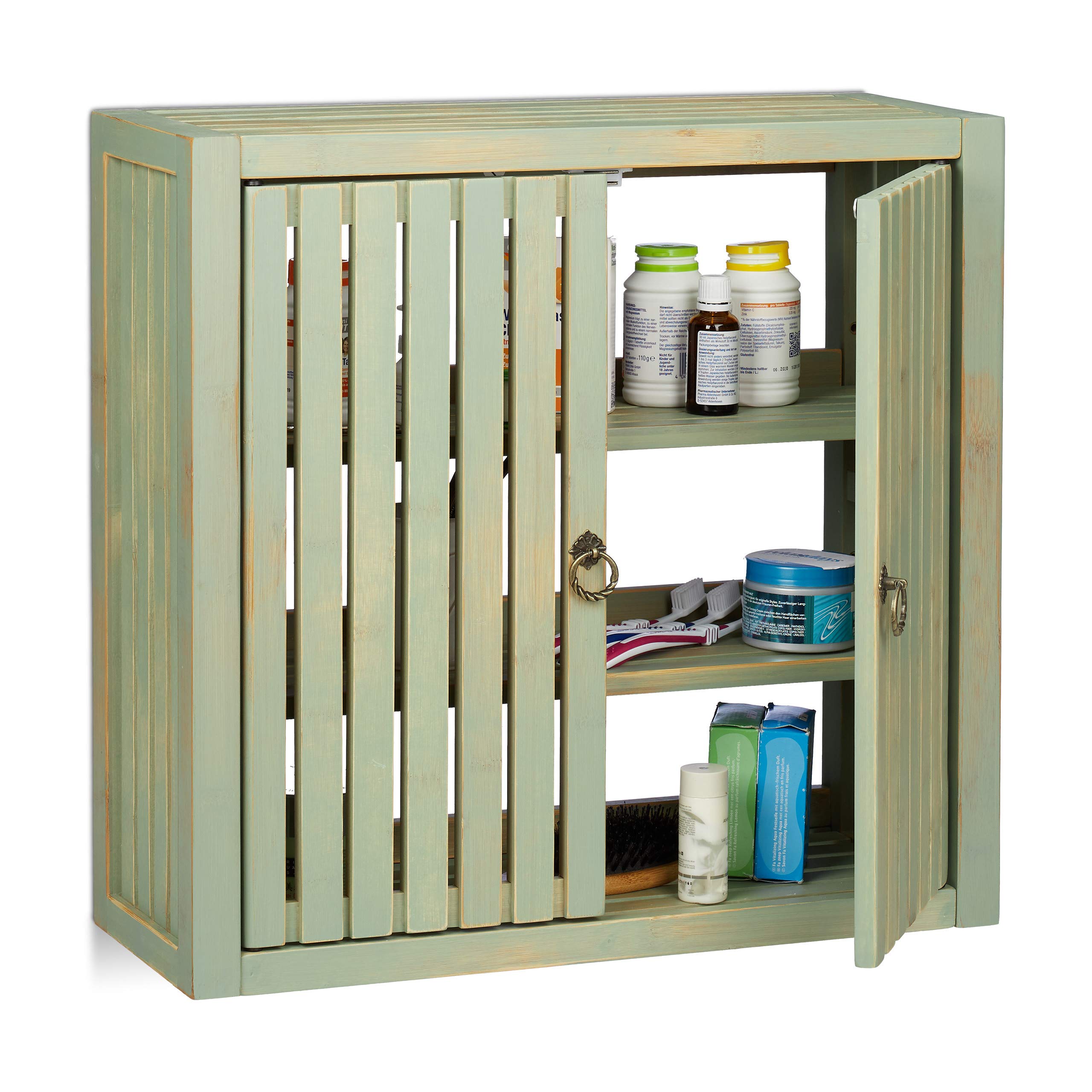 Relaxdays Wall Cabinet Vintage, Bamboo, 2 Doors, Magnet Latch, 2 Shelves, Bathroom & Kitchen, HWD 50 x 52 x 20 cm, Green