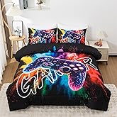Aimuan Gamer Gaming Bedding Sets 3D Gamepad Comforter Sets for Boys Games Console Action Buttons Novelty Colorful Game Controller Modern Room Decor Home Quilt Set (Black-Purple, Twin)