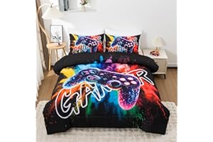 Aimuan Gamer Gaming Bedding Sets 3D Gamepad Comforter Sets for Boys Games Console Action Buttons Novelty Colorful Game Controller Modern Room Decor Home Quilt Set (Black-Purple, Twin)