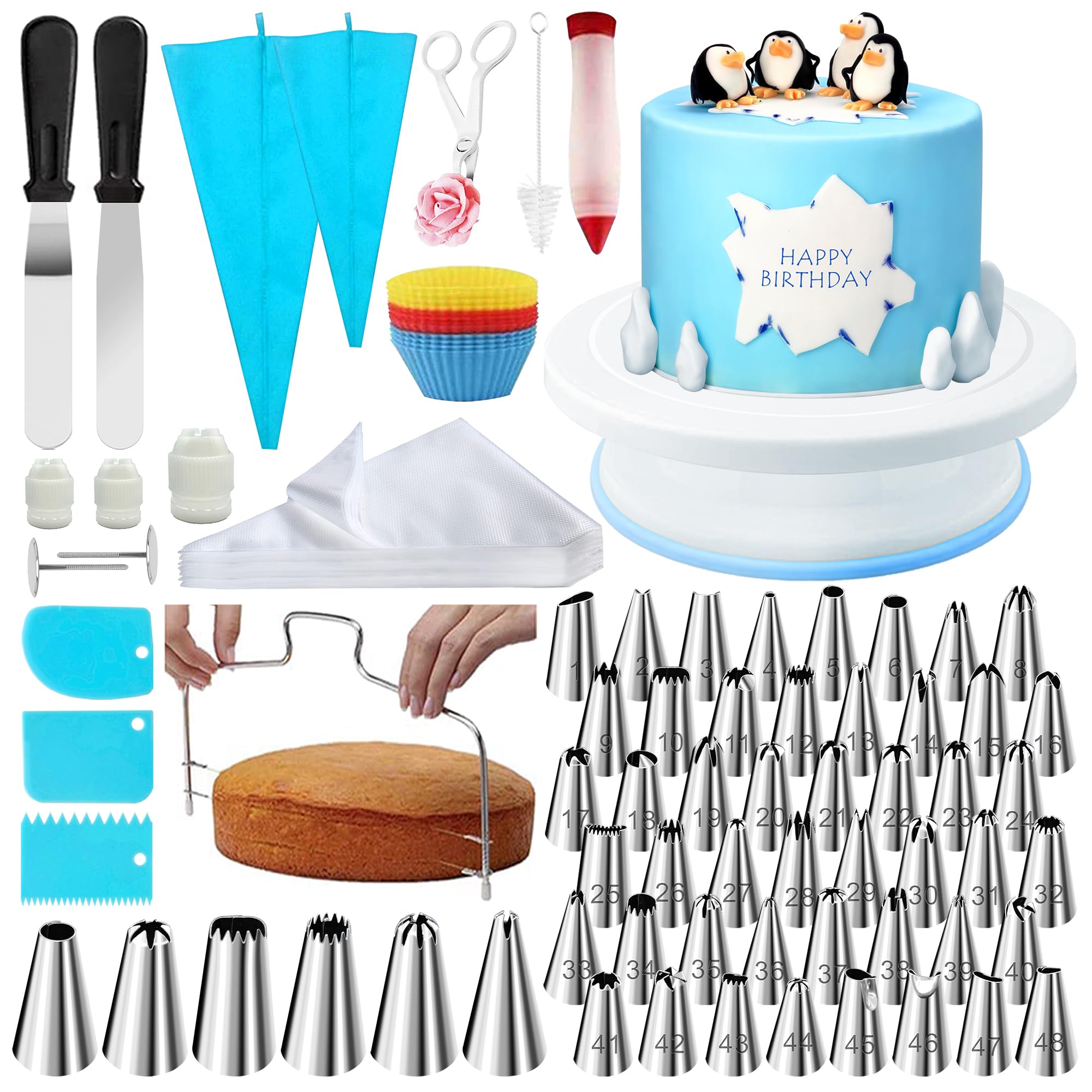 Cake Decorating Kit Tools Set 181 PC with Cake Turntable for Beginners,Baking Utensils Sets Equipment Supplies for Adults, Frosting, Piping Bags and Tips Set, Icing Spatula and Smoother