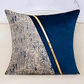 Alerfa 20 x 20 Inch Navy Blue Beige Gold Leather Patchwork Velvet & Polyester Cushion Case Luxury Modern Square Throw Pillow Cover Decorative Pillow for Couch Sofa Living Room Bedroom Car 50 x 50cm