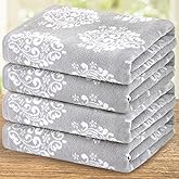 Grey and White Bath Towels, 28"x52" - 100% Cotton | Quick Dry | Soft | Light Weight | Absorbent, Bath Towels Set of 4, Pattern Shower Towel for Bathroom, Damask Jacquard Towel Gift Set, Gray and White