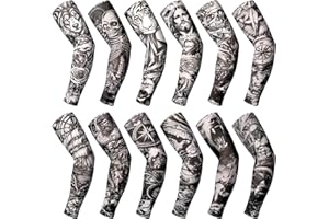 Boao 12 Pcs Temporary Tattoo Sleeve for Men Cooling Arm Sleeves Long Fingerless Arm Cover Anti Slip UV Protection Sun