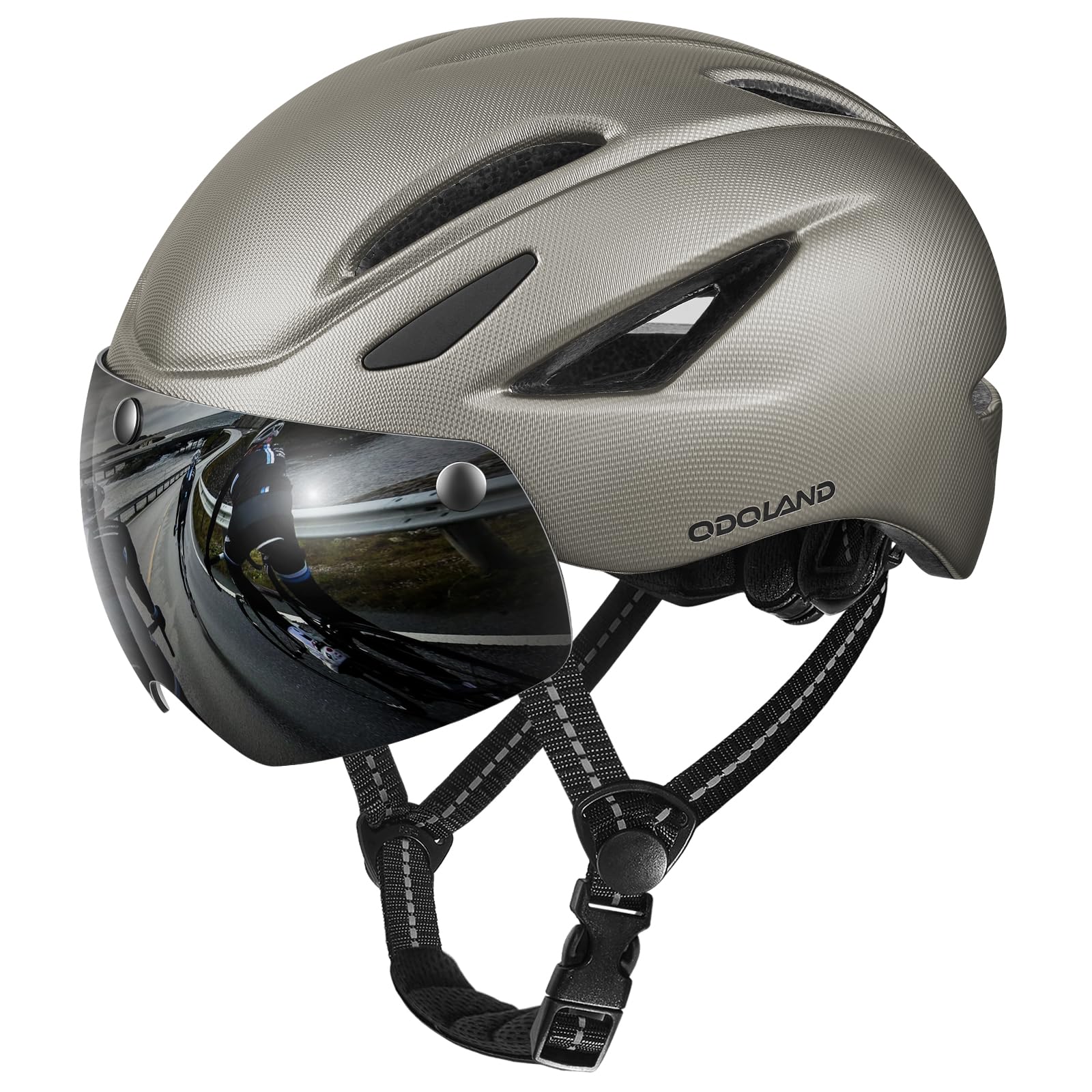 Odoland Adults Bike Helmet with Removable Magnetic Sun Visor, Adjustable Dial Fit Bicycle Cycling Helmet for Mountain Road Bike, Certified Lightweight MTB Ebike Helmet for Men Women,Textured Titanium Image