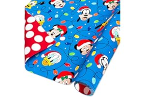 American Greetings Disney Christmas Wrapping Paper Roll with Mickey, Red and Blue Holiday Gift Wrap (40 sq. ft., 1 Reversible Roll-30 in. x 16 ft.) Mickey Mouse, Minnie Mouse, Goofy Donald Duck, Pluto