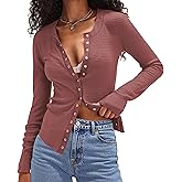 Albe Rita Waffle Cardigan Sweater Shirts for Women Lightweight Button Down Long Sleeve Crew Neck Knit Swater Tops