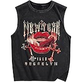 Bobeutou Mens Gothic Tank Top Graphic Print Beach Sleeveless Cut Off Muscle Shirts Vintage Hip hop Vest Acid Wash Tshirts