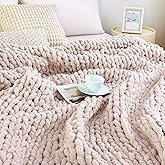 Admitrack Chunky Knit Blanket Throw, 100% Hand Knit Chenille Throw Blanket for Sofa & Home Decor, Soft and Cozy Knitted Throw Blankets (Pink，51"x63")