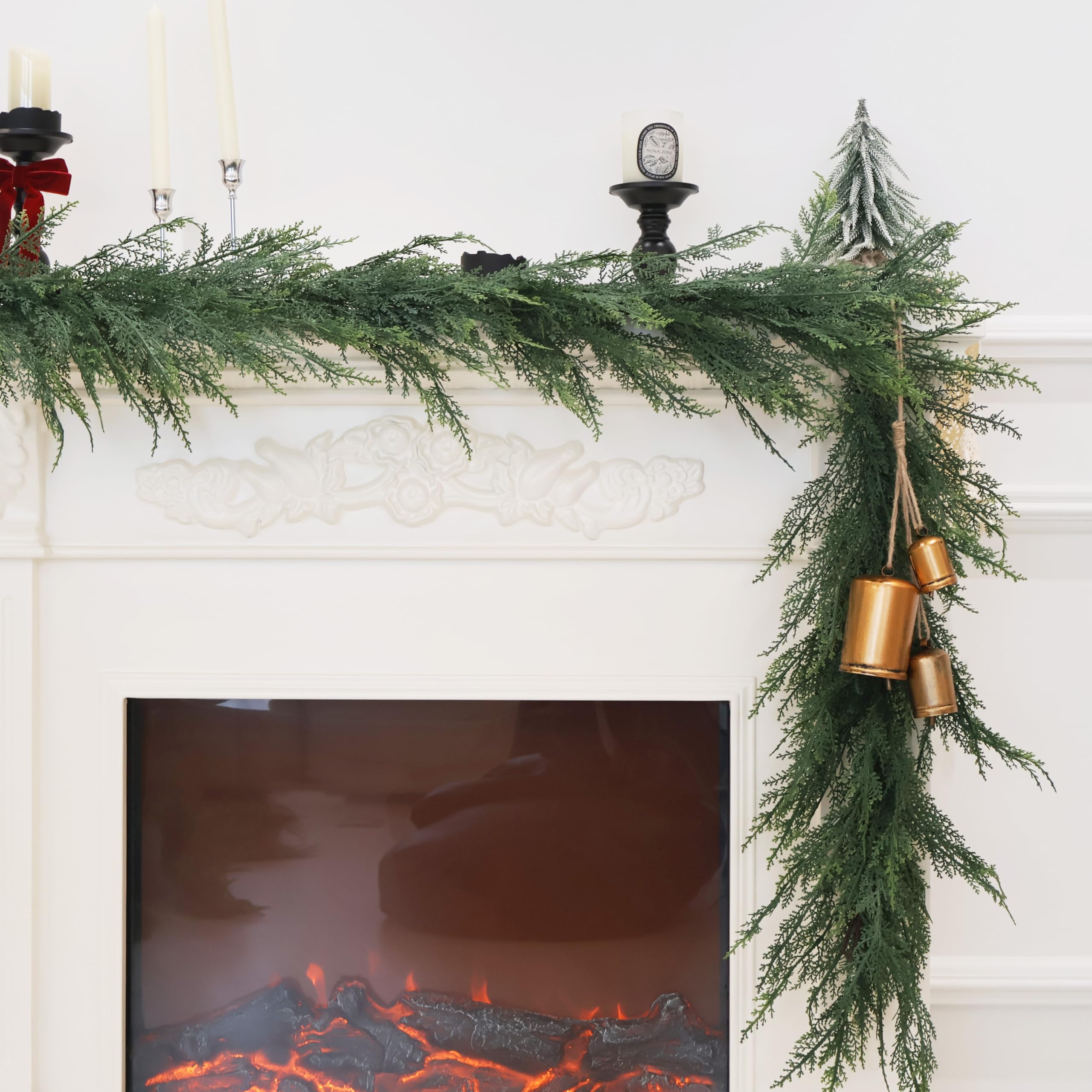 Photo 1 of 9FT Christmas Cedar Garland Full Real Touch Artificial Green Faux Cypress Realistic Pine Garland for Mantle Fireplace Table Home Decoraiton