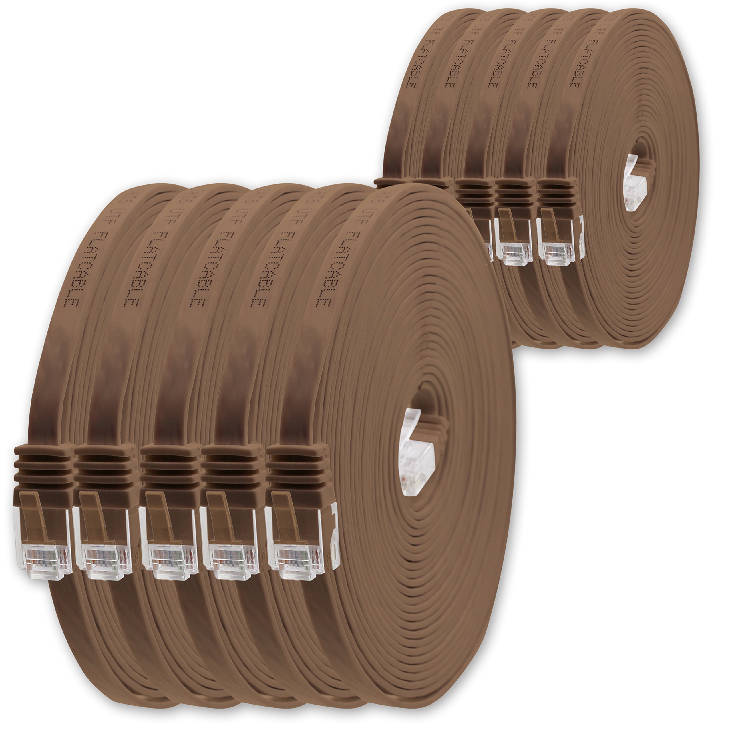 0.25m Brown Cat.6 Flat Network Cable - 10 Pack, Ultra Flat, Gigabit LAN (RJ45), Slim Micro