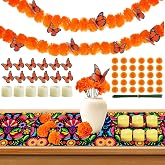 83pcs Dia De Los Muertos Decorations Ofrenda Kit - Day of the Dead Altar Decor Set,2 Marigold Garland 30 Marigold Flowers & Stems,Table Runner,12 Monarch Butterfly 6 Candle (Table Runner-Flower)