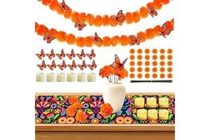 SUNNYLISA 83pcs Dia De Los Muertos Decorations Ofrenda Kit - Day of The Dead Altar Decor Set,2 Marigold Garland 30 Marigold Flowers & Stems,Table Runner,12 Monarch Butterfly 6 Candle (Table Runner-Flower)